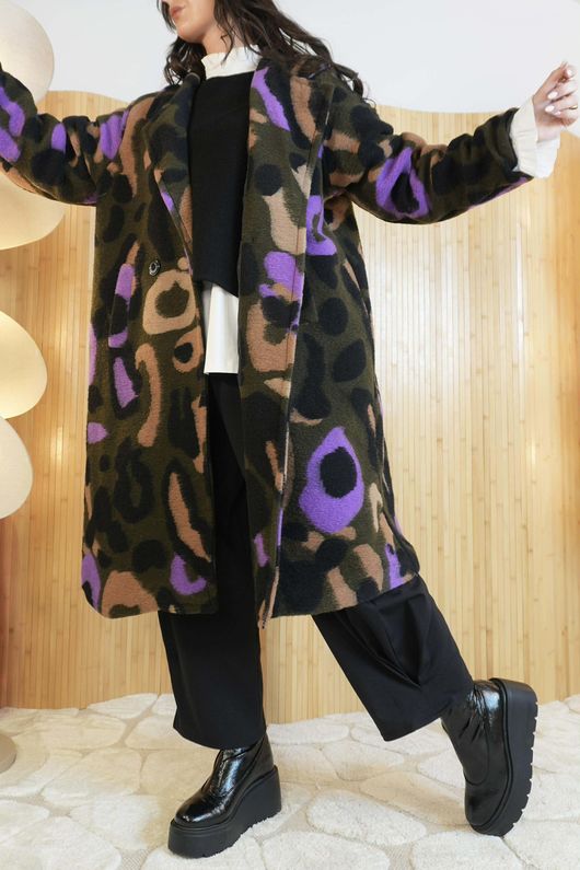 Hanbury Boiled Wool Longline Jacket Khaki & Purple /9=